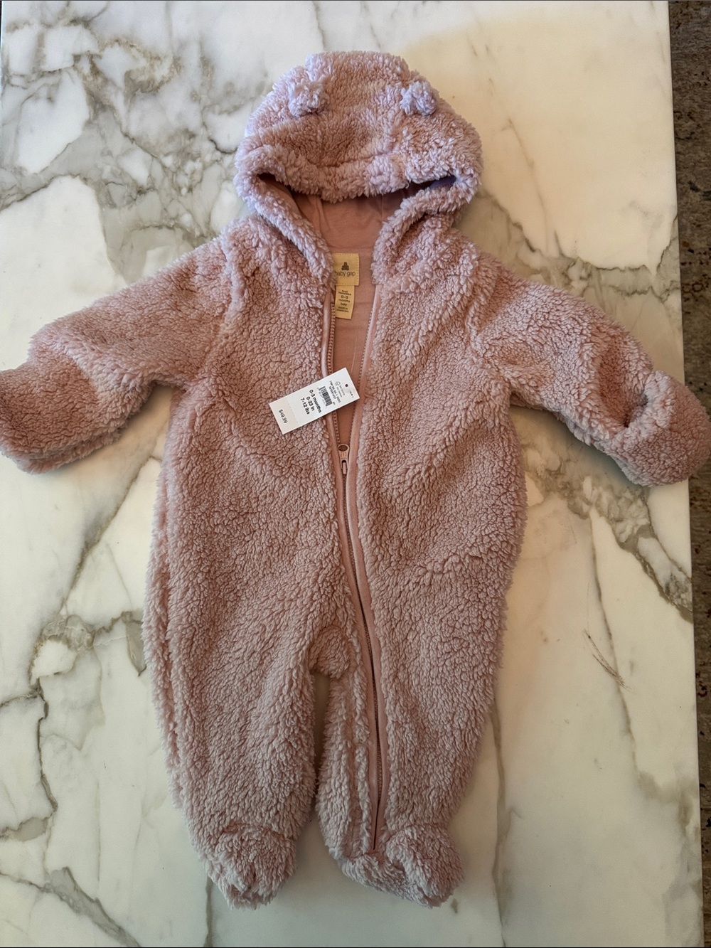 Baby Gap Dusty Pink Teddy Fleece Hooded One-Piece Footie